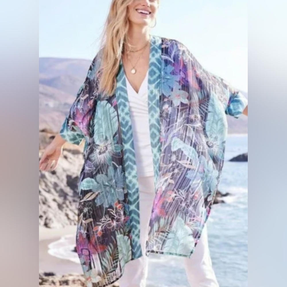 EUC Soft Surroundings Laurus Topper, Floral Kimono-style Cover Up, Navy/Aqua - Picture 2 of 8